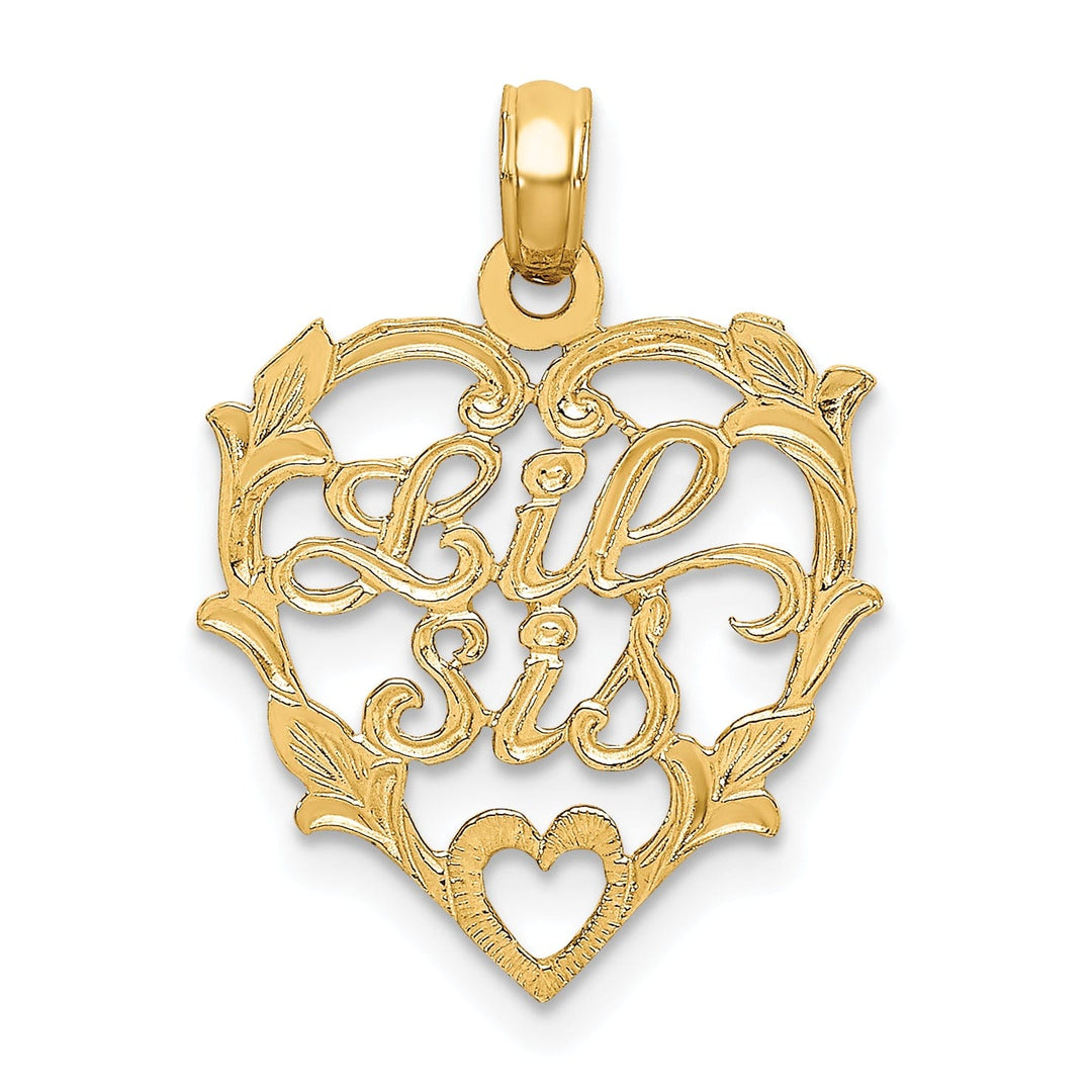 14K Yellow Gold Flat Back Textured Finish LIL SIS in Heart leaf Design Frame Charm Pendant