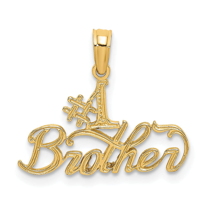 14K Yellow Gold Polished Textured Finish Flat Back Script #1 BROTHER Charm Pendant