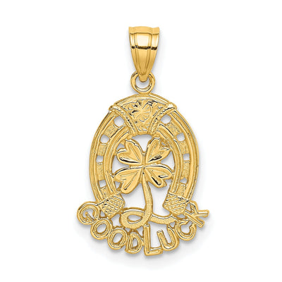 14K Yellow Gold Textured Polished Finish GOOD LUCK Horseshoe Shape and Clover Charm Pendant at $ 99.18 only from Jewelryshopping.com