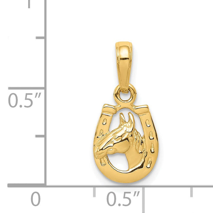 14K Yellow Gold Solid Textured Polished Finish Horseshoe with Horse Head Charm Pendant