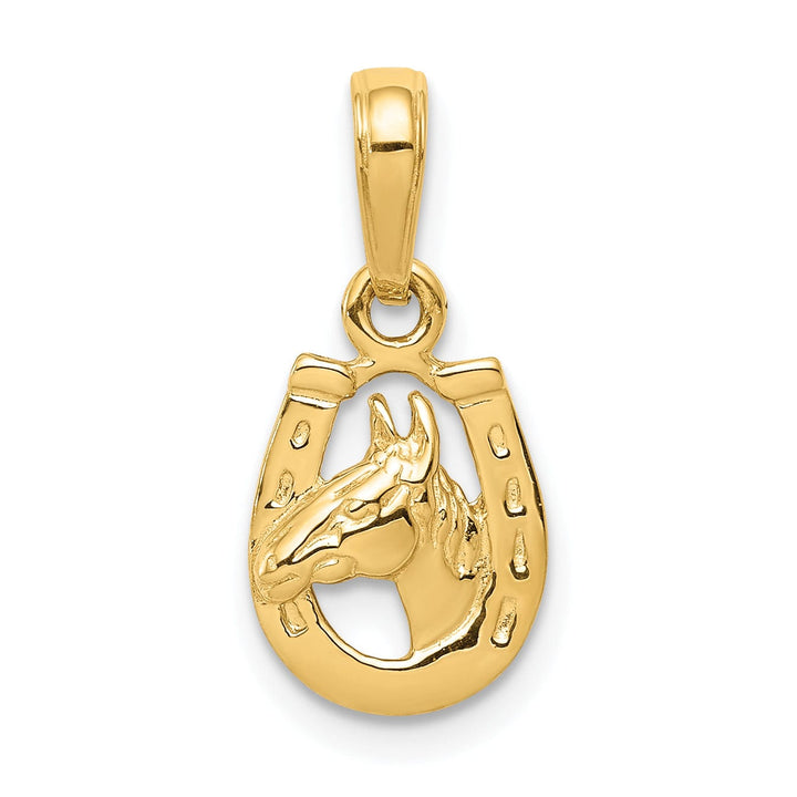 14K Yellow Gold Solid Textured Polished Finish Horseshoe with Horse Head Charm Pendant