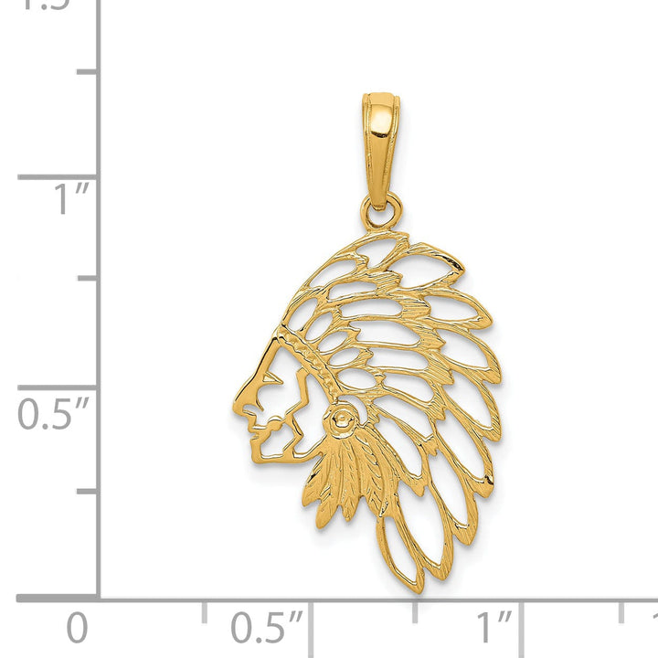 14K Yellow Gold Solid Textured Polished Finish Indian Head With Feathers Dress Charm Pendant