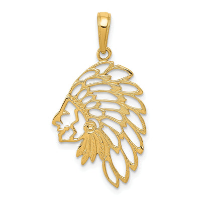 14K Yellow Gold Solid Textured Polished Finish Indian Head With Feathers Dress Charm Pendant