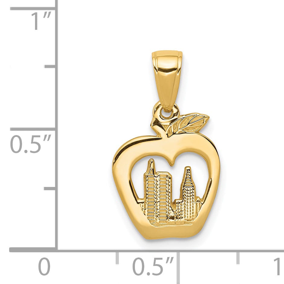 14K Yellow Gold Solid Textured Polished Finish New York Skyline Theme in Apple Shape Charm Pendant