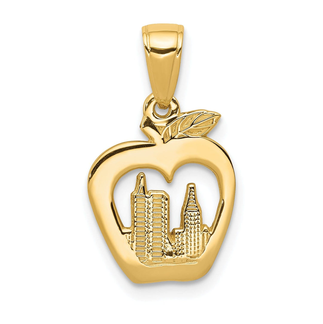 14K Yellow Gold Solid Textured Polished Finish New York Skyline Theme in Apple Shape Charm Pendant