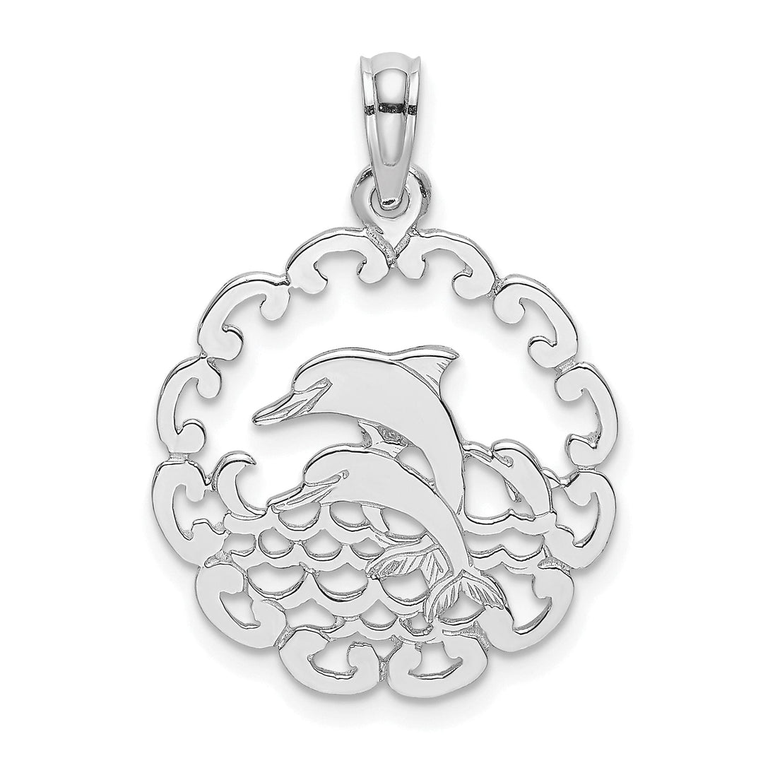 14K White Gold Polished Finish Cut Out Design Jumping Dolphins Charm Pendant