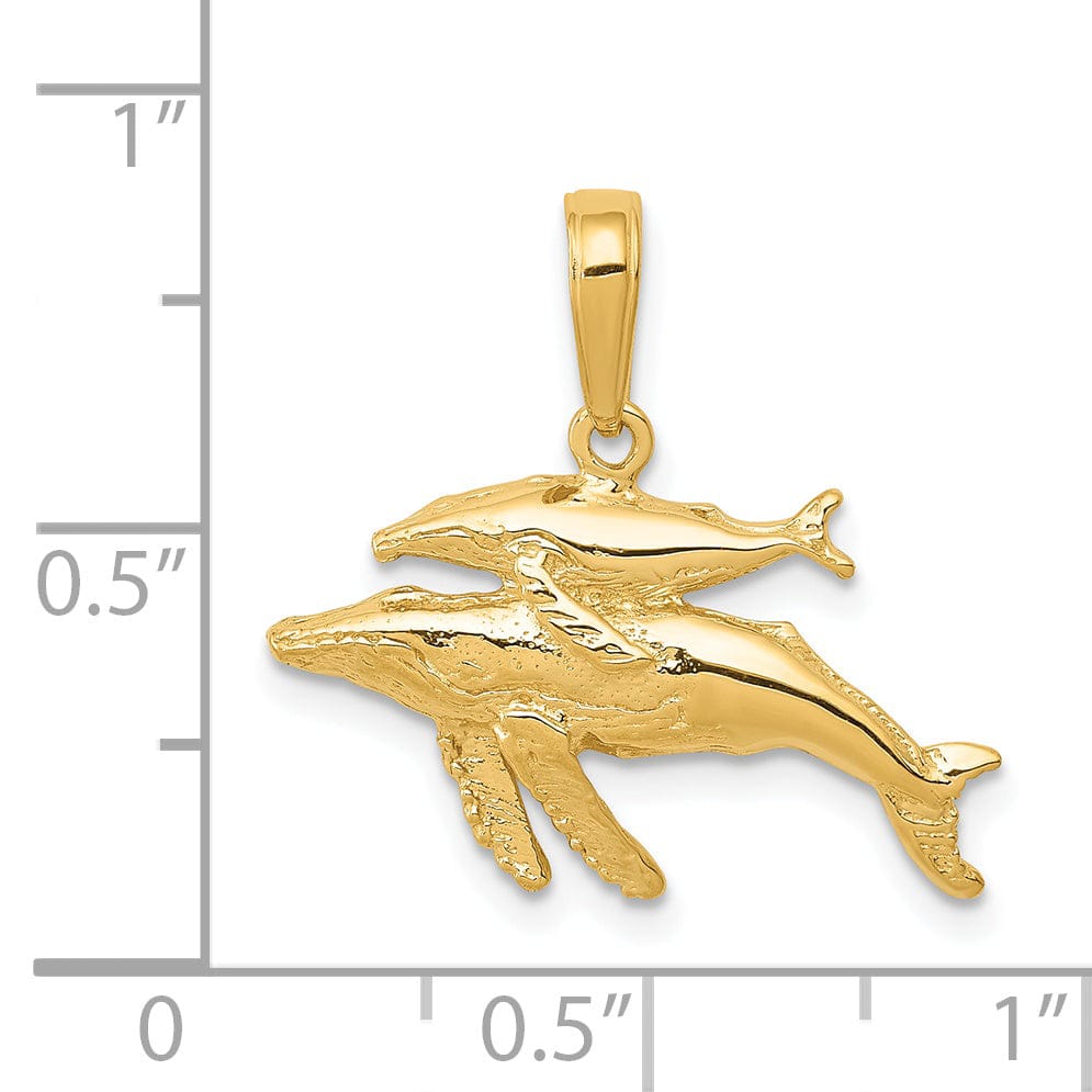 14K Yellow Gold Solid Mother and Baby Humpback Whale Design Charm Pendant