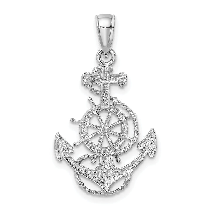 14K White Gold Textured Polished Solid Anchor Rope Wheel Design Charm