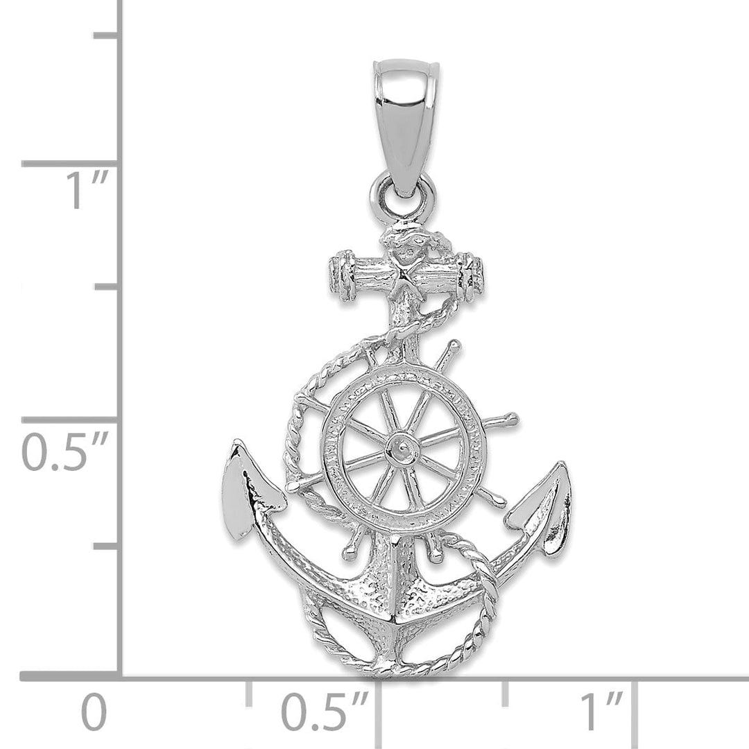 14K White Gold Textured Polished Solid Anchor Rope Wheel Design Charm