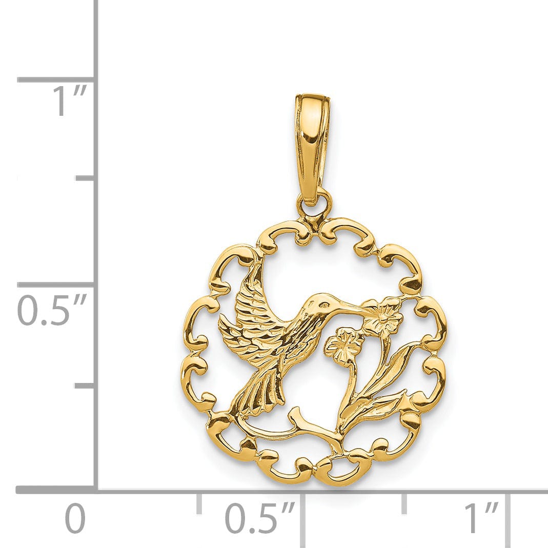 14K Yellow Gold Solid Textured Polished Finish Hummingbird with Flower Design in Round Frame Shape Circle Pendant