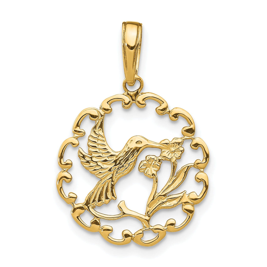 14K Yellow Gold Solid Textured Polished Finish Hummingbird with Flower Design in Round Frame Shape Circle Pendant