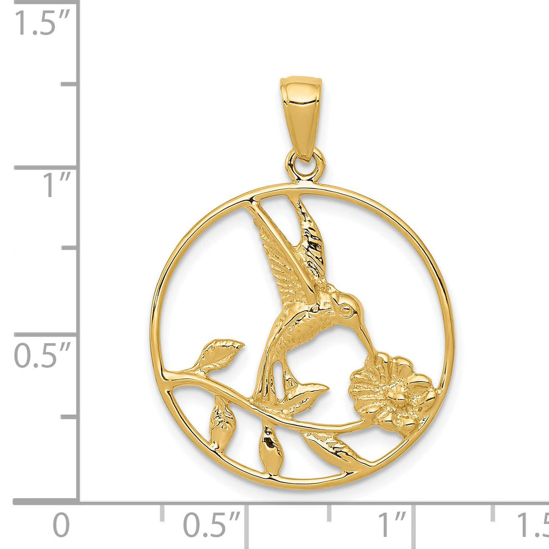 14K Yellow Gold Solid Polished Finish Hummingbird with Flower Design in Round Frame Shape Circle Pendant