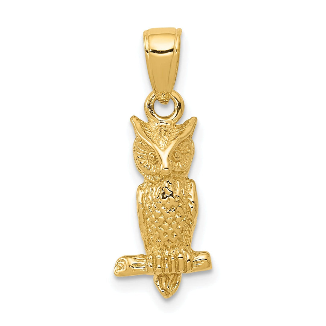 14K Yellow Gold Solid Textured Polished Finish 3-Dimensional Owl Charm Pendant