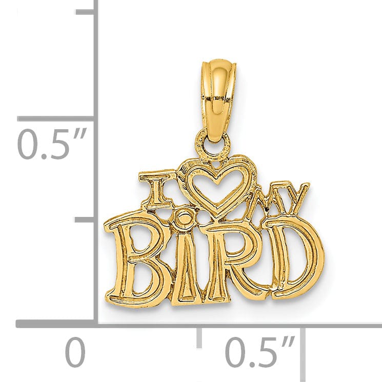 14K Yellow Gold Textured Solid Polished Finish I HEART MY BIRD Design Charm Pendant