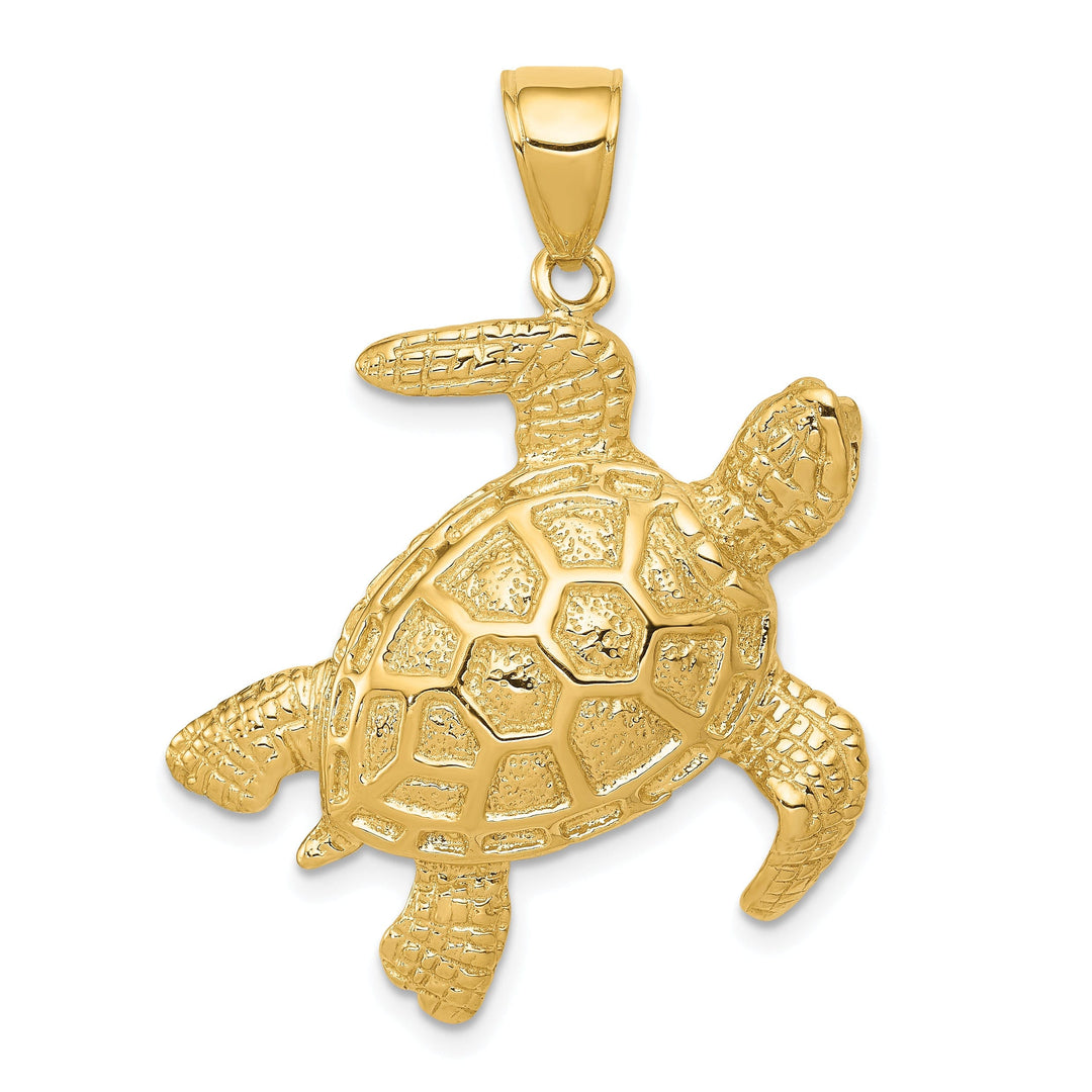 14K Yellow Gold Casted Polished and Textured Solid Men's Sea Turtle Charm Pendant