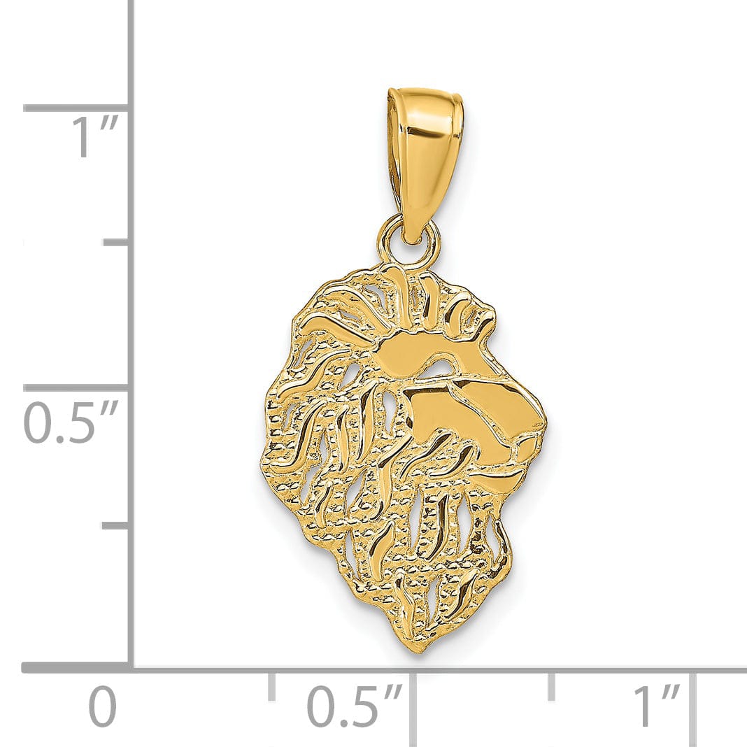 14K Yellow Gold Solid Textured Polished Finish Lion Head Design Charm Pendant