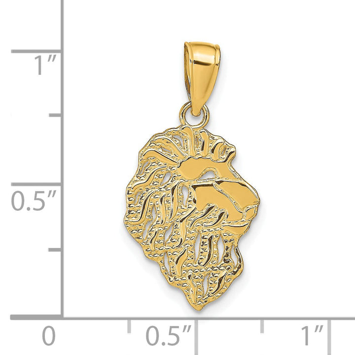 14K Yellow Gold Solid Textured Polished Finish Lion Head Design Charm Pendant