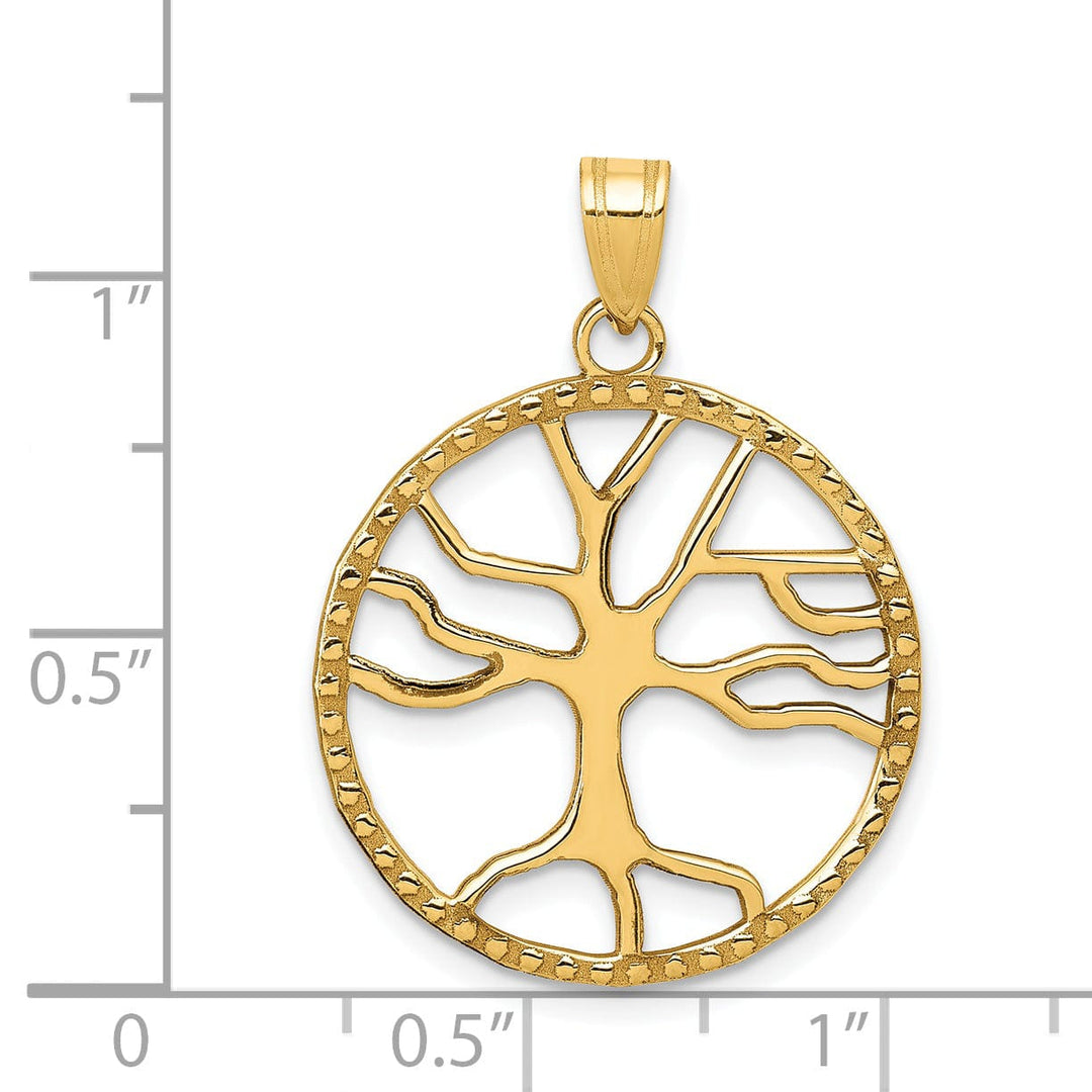 14K Yellow Gold Textured Polished Finish Tree of Life in Round Frame Charm Pendant