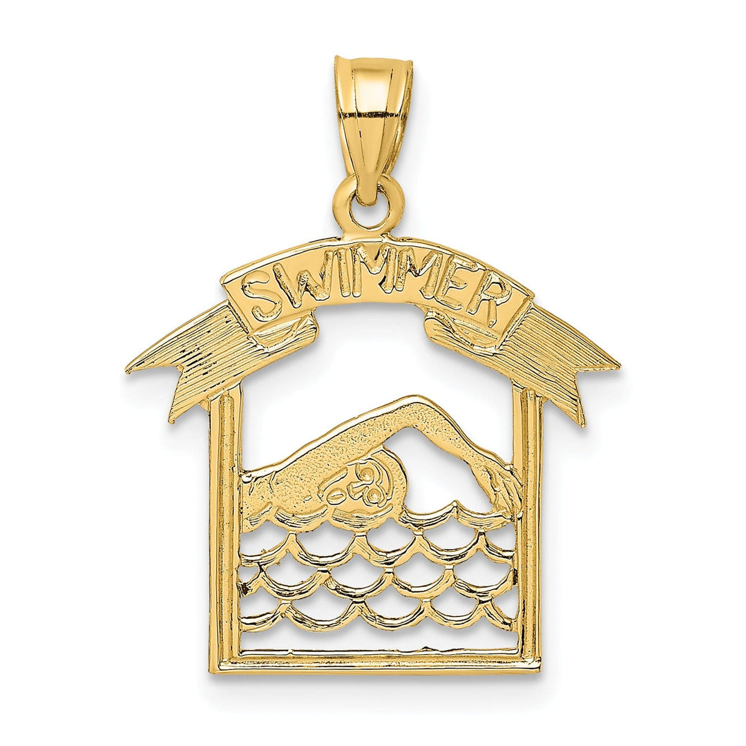 14K Yellow Gold Textured Polished Swimmer in Frame Charm Pendant