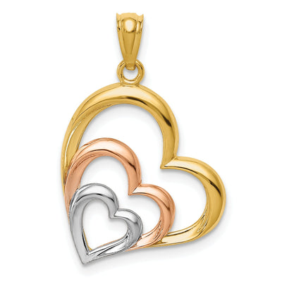 14K Yellow Rose Gold, White Rhodium Solid Polished Finish Triple Hearts in Heart Design Charm Pendant