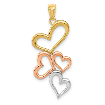 14K Yellow, Rose Gold, White Rhodium Solid Polished Finish Concave Vertical Hearts Design Charm Pendant