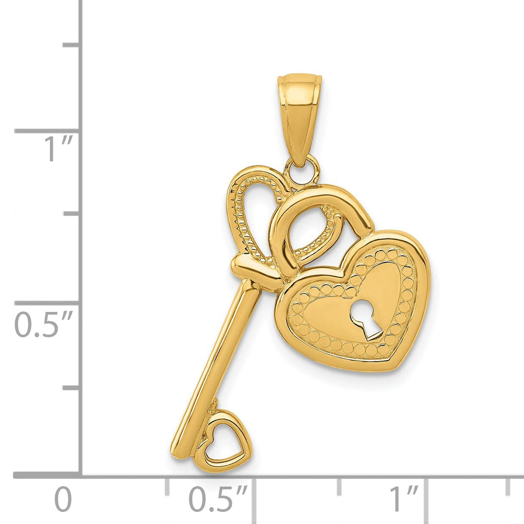 14K Yellow Gold Solid Heart Design Key and Lock Charm Pendant