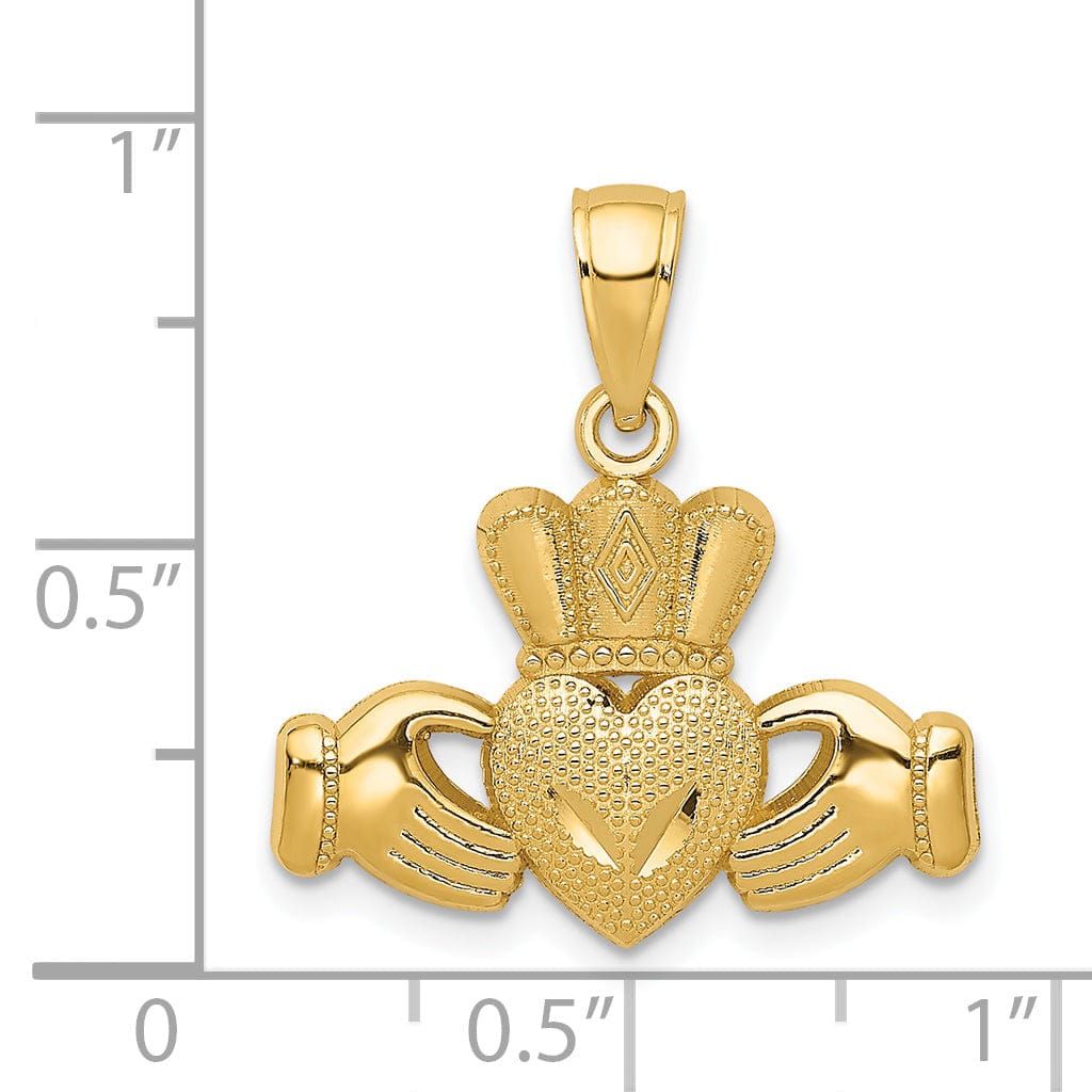 14k Yellow Gold Solid Textured Polished Finish Claddagh Crown Design Charm Pendant
