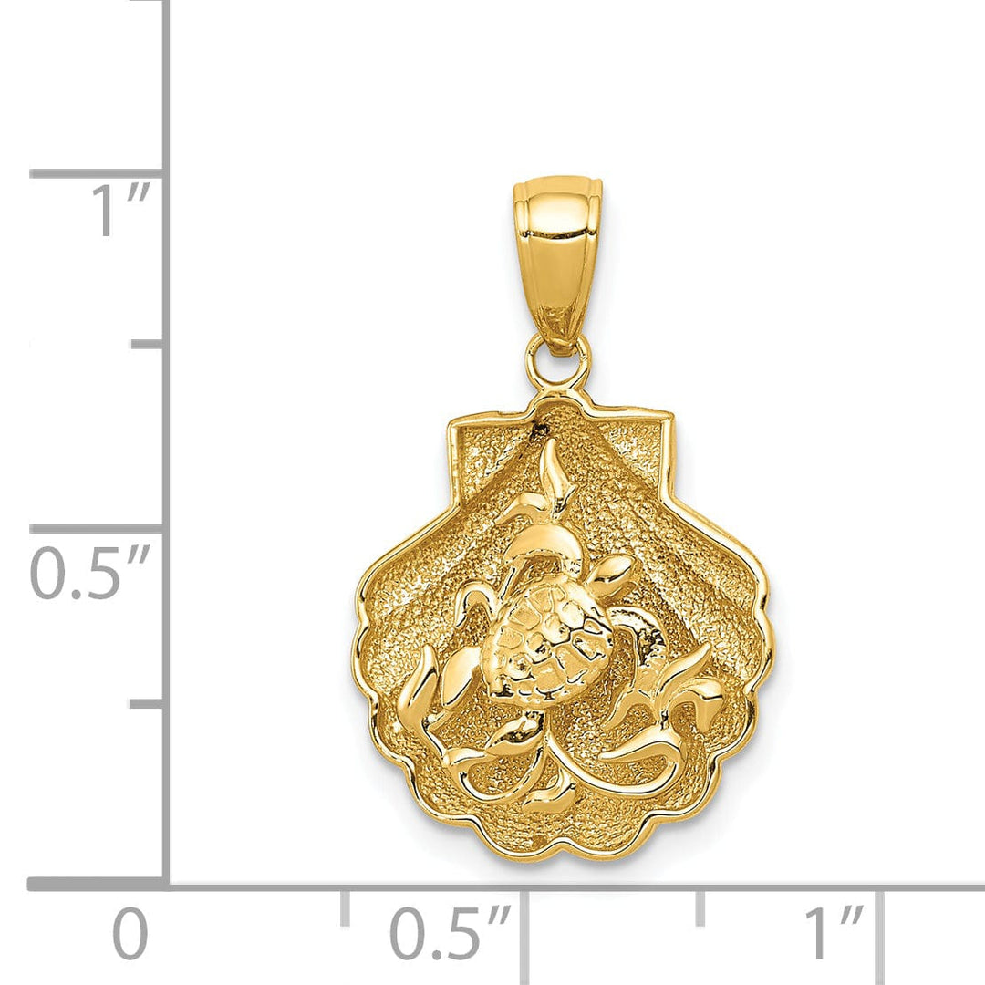 14k Yellow Gold Textured Casted Solid Polished Finish Sea Turtle in a Shell Charm Pendant