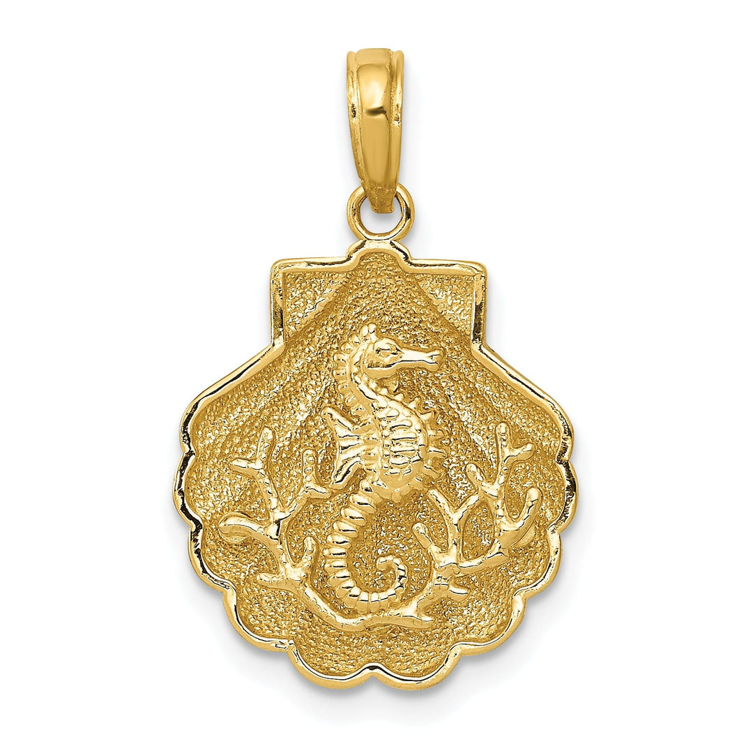 14k Yellow Gold Solid 3-Dimensional Texture Polished Finish Seahorse in a Shell Charm Pendant