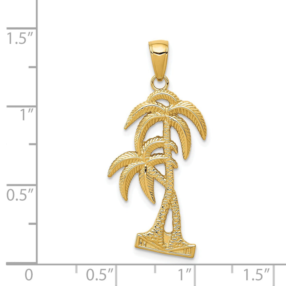 14K Yellow Gold Solid Polished Textured Finish Open Back Double Palm Trees Charm Pendant