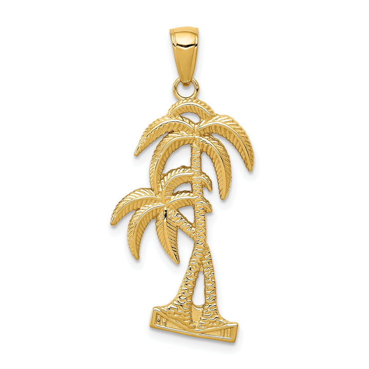 14K Yellow Gold Solid Polished Textured Finish Open Back Double Palm Trees Charm Pendant