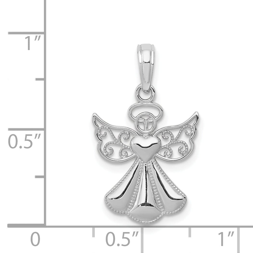 14K White Gold Polished Concave Guardian Angel With Heart Pendant