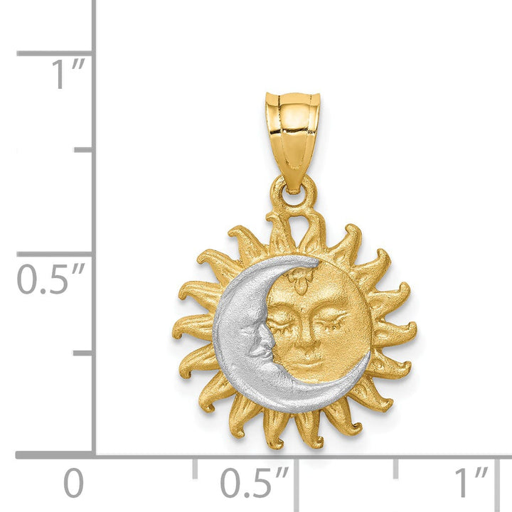 14K Yellow Gold White Rhodium Solid Brushed Finish Sun and Moon Design Charm Pendant