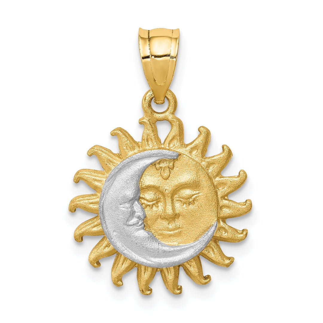 14K Yellow Gold White Rhodium Solid Brushed Finish Sun and Moon Design Charm Pendant