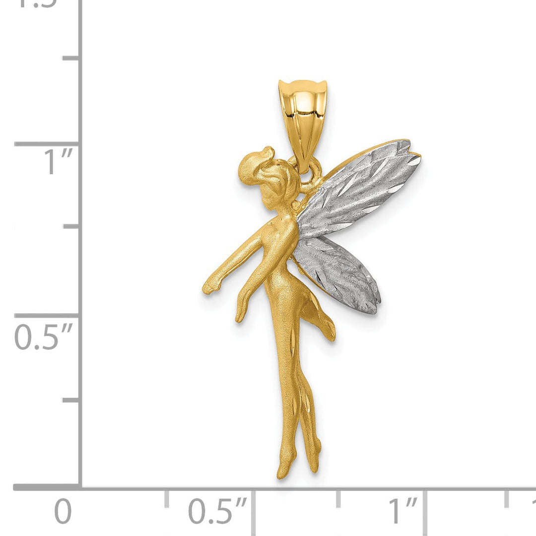 14k Yellow Gold White Rhodium Solid Polised Diamond Cut Finish Fairy Charm Pendant