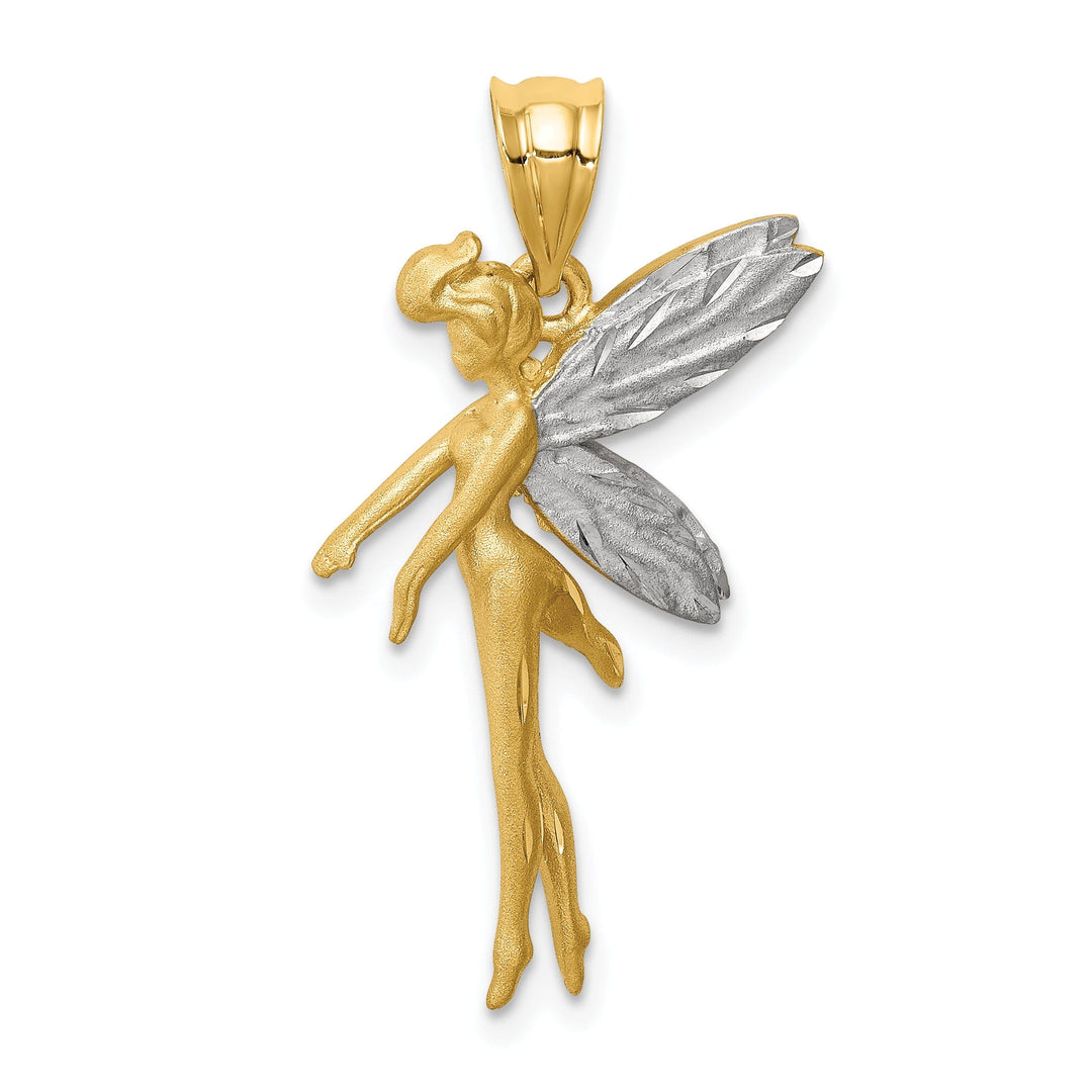 14k Yellow Gold White Rhodium Solid Polised Diamond Cut Finish Fairy Charm Pendant