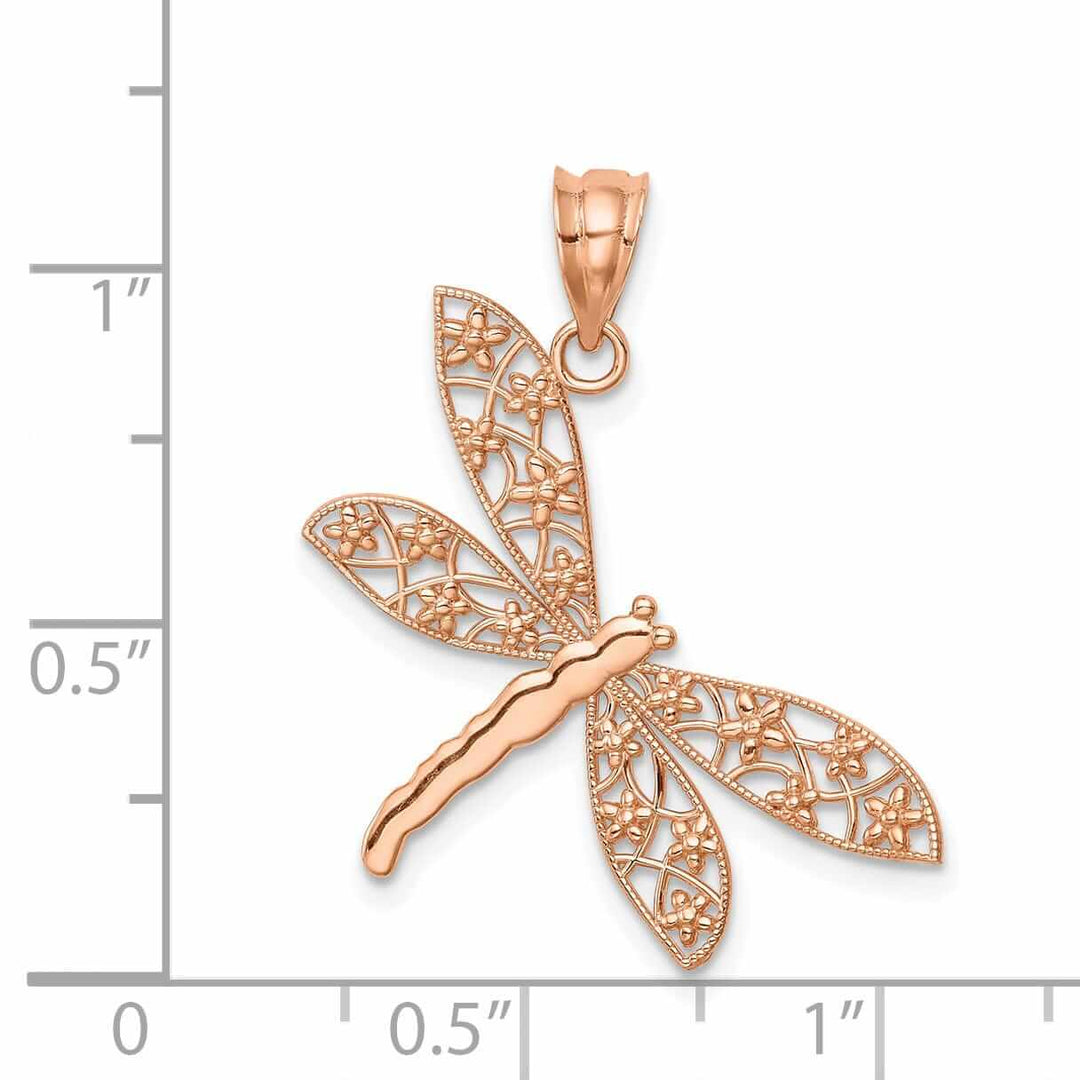 14K Rose Gold Open Back Solid Polished Filigree Design Dragonfly Charm Pendant