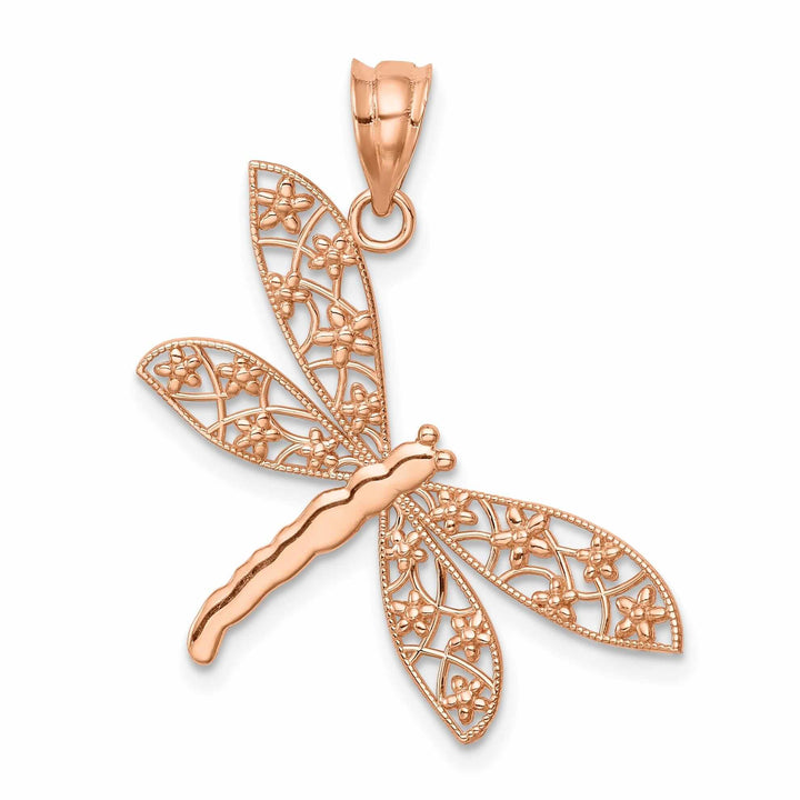 14K Rose Gold Open Back Solid Polished Filigree Design Dragonfly Charm Pendant