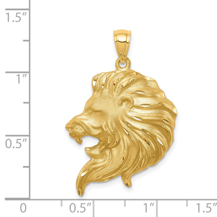 14K Yellow Gold Solid Textured Brushed Diamond Cut Finish Lion Head Design Charm Pendant