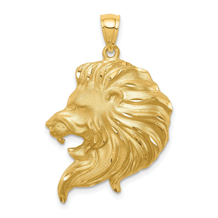 14K Yellow Gold Solid Textured Brushed Diamond Cut Finish Lion Head Design Charm Pendant