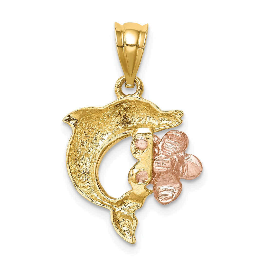 14K Two-tone Gold Brushed and Polished Finish Solid Casted Diamond-cut Plumeria with Dolphin Charm Pendant