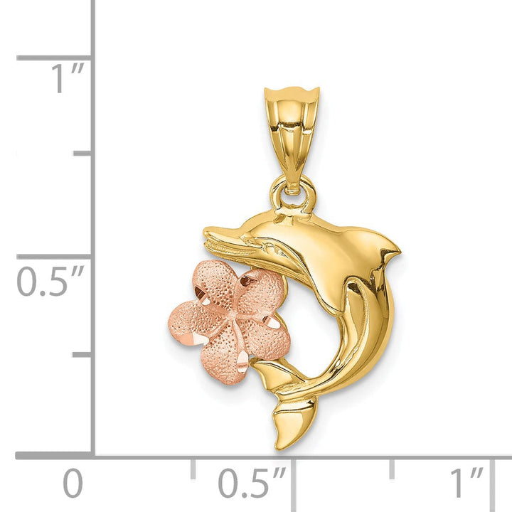 14K Two-tone Gold Brushed and Polished Finish Solid Casted Diamond-cut Plumeria with Dolphin Charm Pendant