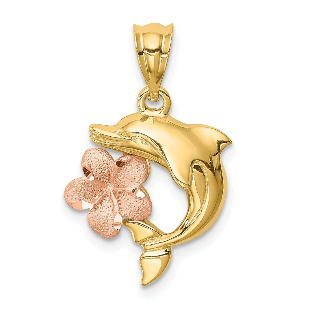 14K Two-tone Gold Brushed and Polished Finish Solid Casted Diamond-cut Plumeria with Dolphin Charm Pendant