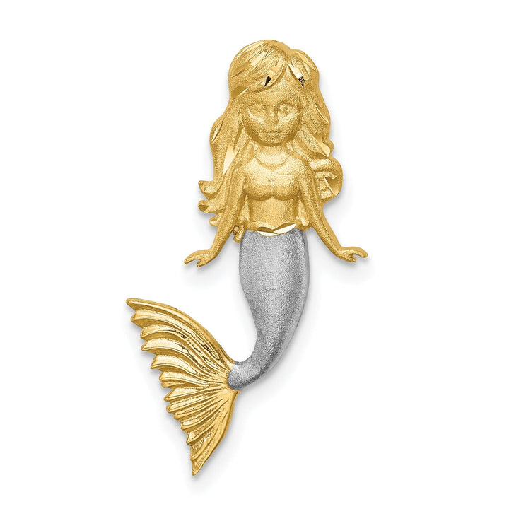 14K Yellow Gold, White Rhodium Brushed Diamond-Cut Finish Open Back Solid Mermaid Chain Slide Pendant will not fit Omega Chains