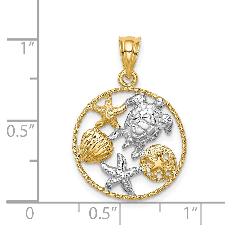 14K Yellow Gold, White Rhodium Solid Textured Polished Finish Sealife with Turtle, Starfish, Clam Design Circle Shape Charm Pendant