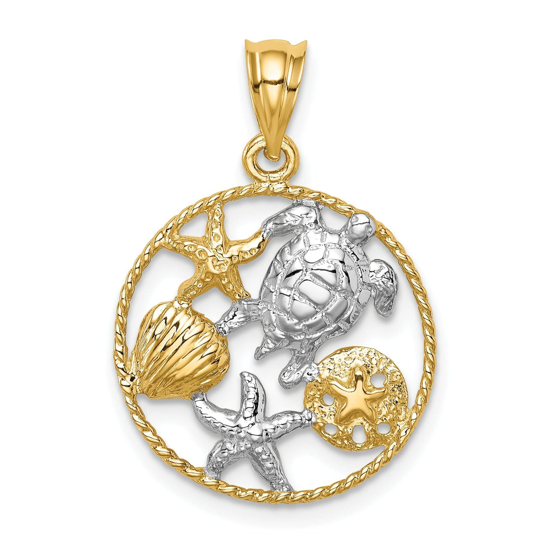 14K Yellow Gold, White Rhodium Solid Textured Polished Finish Sealife with Turtle, Starfish, Clam Design Circle Shape Charm Pendant