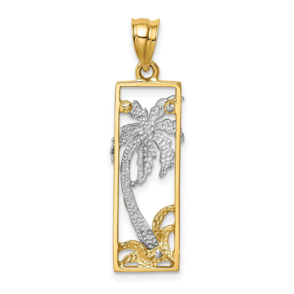 14K Two Tone Gold Solid Polished Finish Palm Tree in Frame Design Charm Pendant