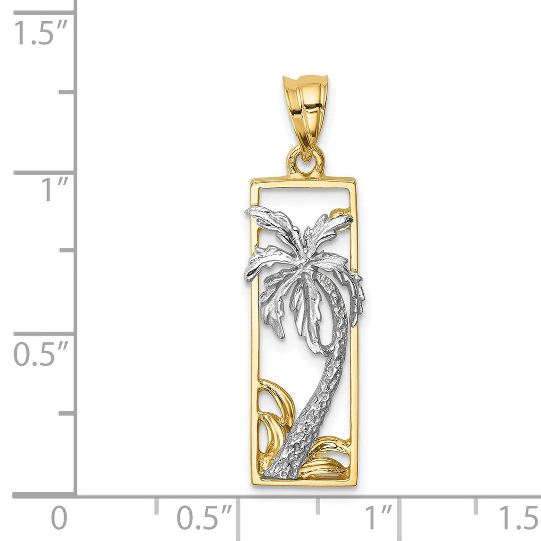 14K Two Tone Gold Solid Polished Finish Palm Tree in Frame Design Charm Pendant
