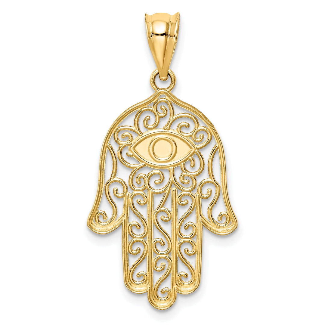 14K Yellow Golid Polished Texture Enameled Finish Hamsa Pendant