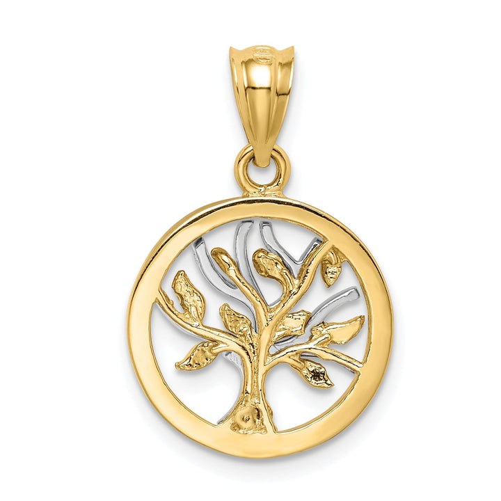 14K Two Tone Gold Solid Polished Finish Round Shape Tree of Life Charm Pendant